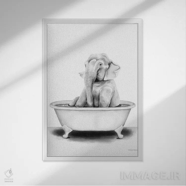 تابلو دکوراتیو فیل در وان حمام اثر ریچل نیمان - نمای قابدار سفید