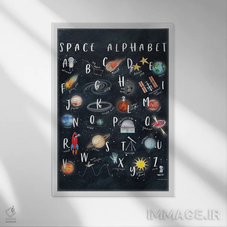 تابلو دکوراتیو الفبای فضایی اثر ریچل نیمان - نمای قابدار سفید