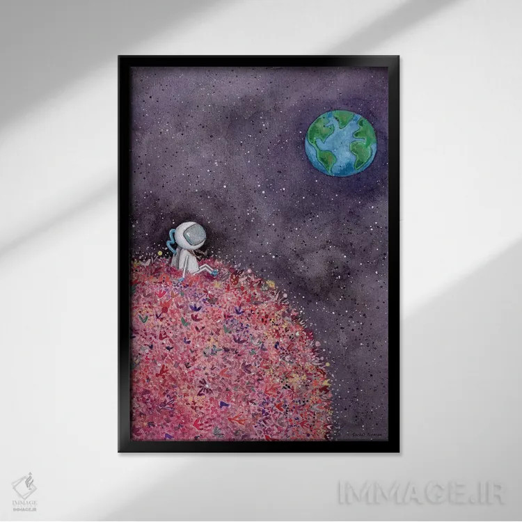 تابلو دکوراتیو نشستن روی ماه گلی اثر ریچل نیمان - نمای قابدار مشکی