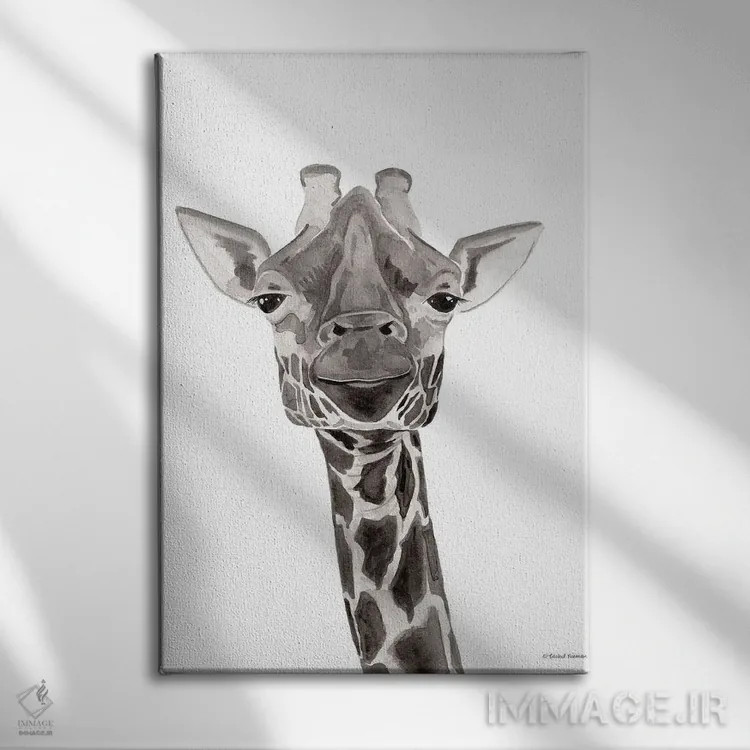 تابلو دکوراتیو زرافه سافاری در حال قایم باشک اثر ریچل نیمان - نمای روبهرو روی دیوار