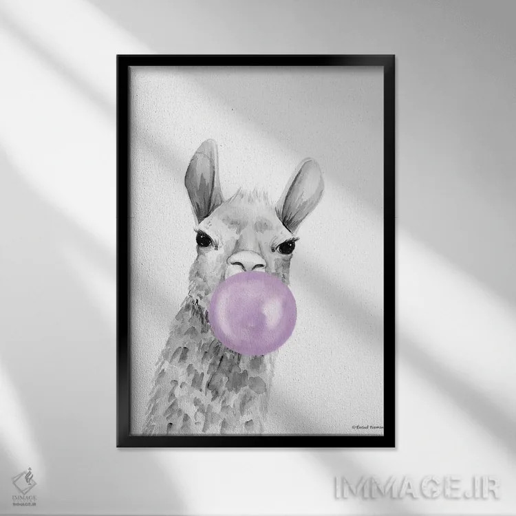 تابلو دکوراتیو آلپاکای بادکنکی اثر ریچل نیمان - نمای قابدار مشکی