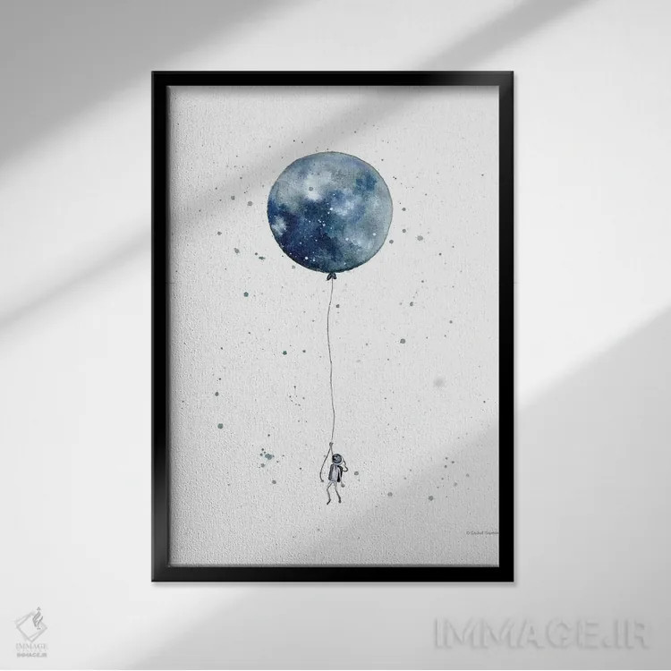 تابلو دکوراتیو بادکنک ماه اثر ریچل نیمان - نمای قابدار مشکی