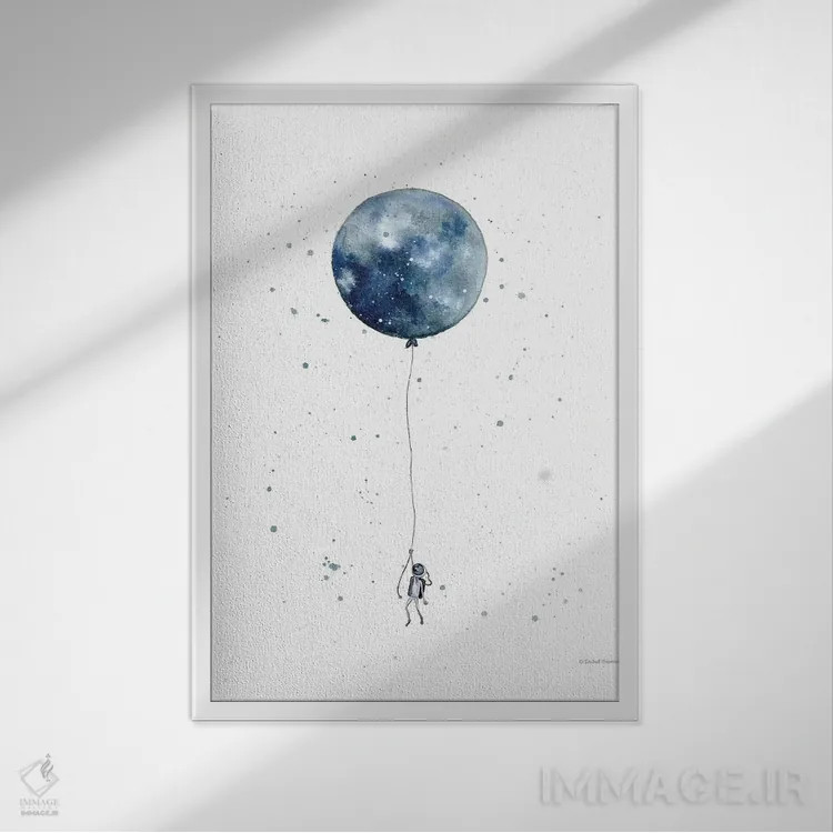 تابلو دکوراتیو بادکنک ماه اثر ریچل نیمان - نمای قابدار سفید