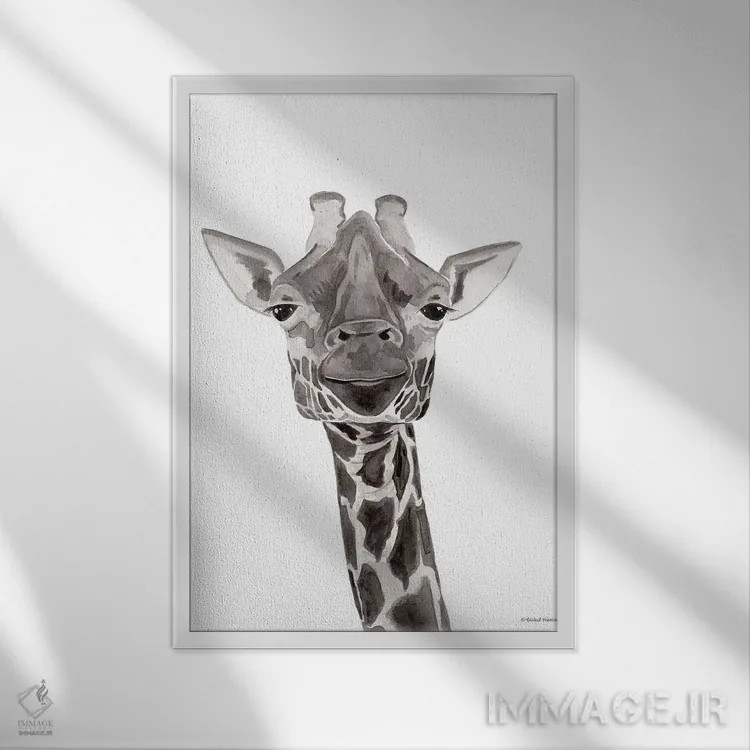 تابلو دکوراتیو زرافه سافاری در حال قایم باشک اثر ریچل نیمان - نمای قابدار سفید