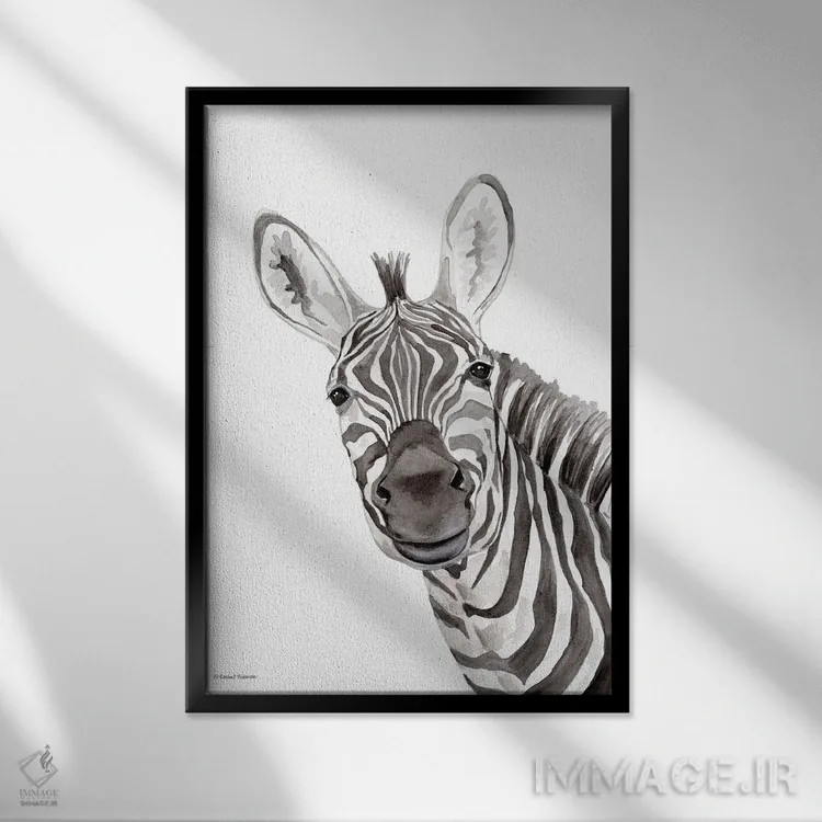 تابلو دکوراتیو گورخر سافاری در حال قایم باشک اثر ریچل نیمان - نمای قابدار مشکی