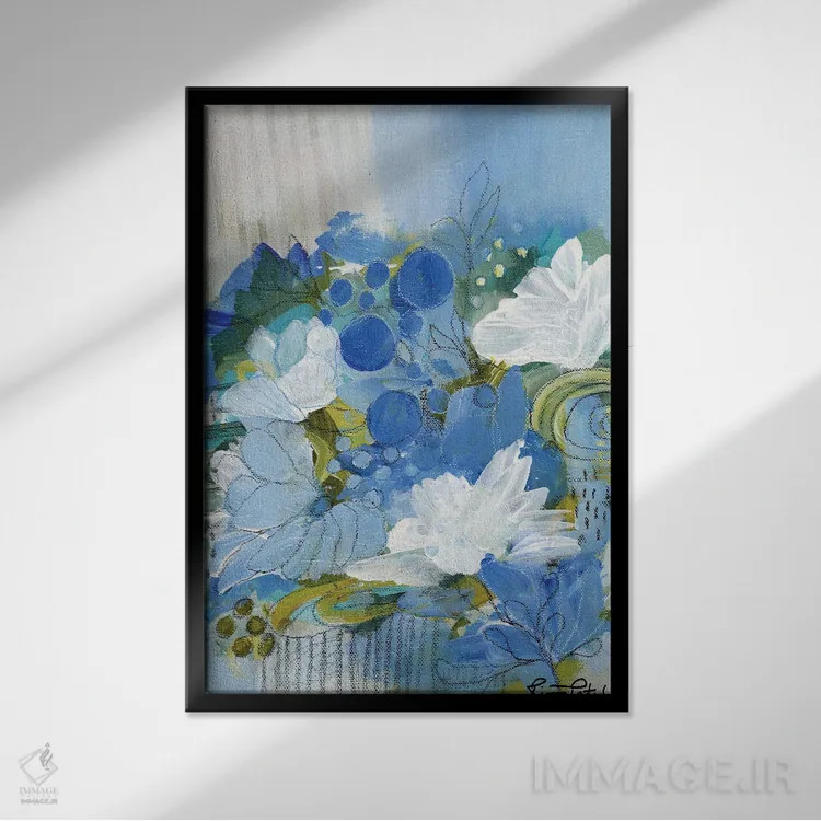 تابلو انتزاعی مه آبی اثر رینا پتل - نمای قابدار مشکی