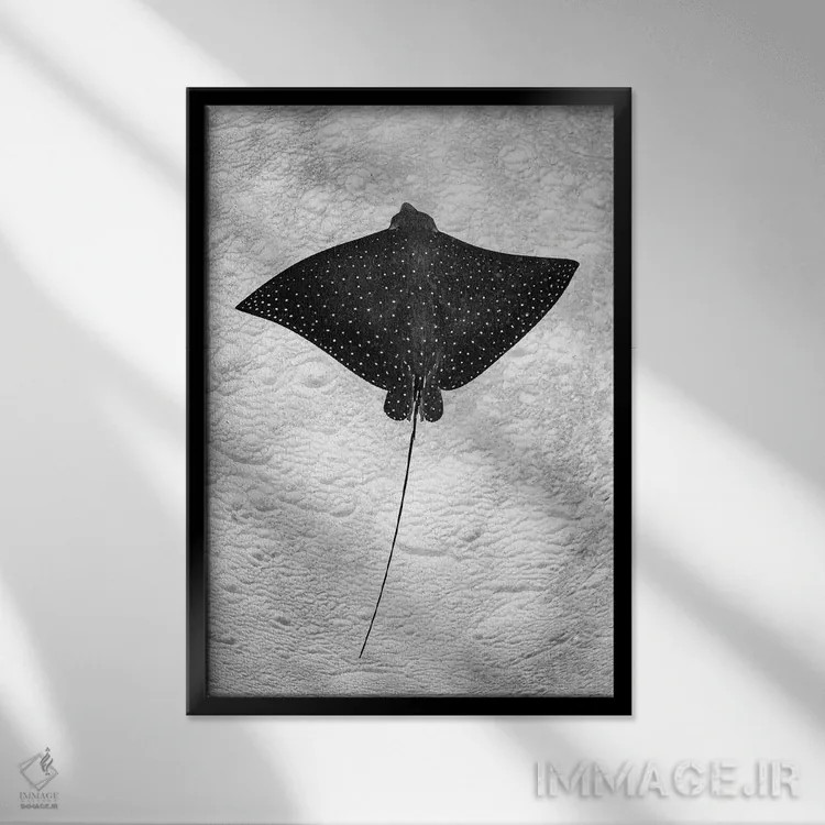 تابلو دکوراتیو سفره ماهی خال دار عقابی عمودی اثر جردن رابینز - نمای قابدار مشکی