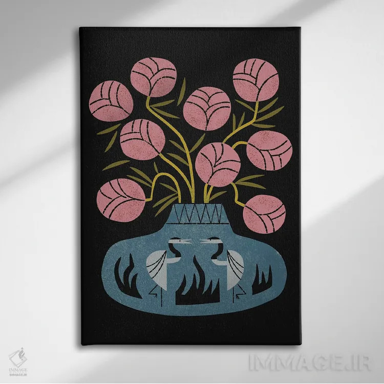 تابلو مدرن دسته گل صورتی و گلدان درنا اثر رنیا ال. تول - نمای روبهرو روی دیوار