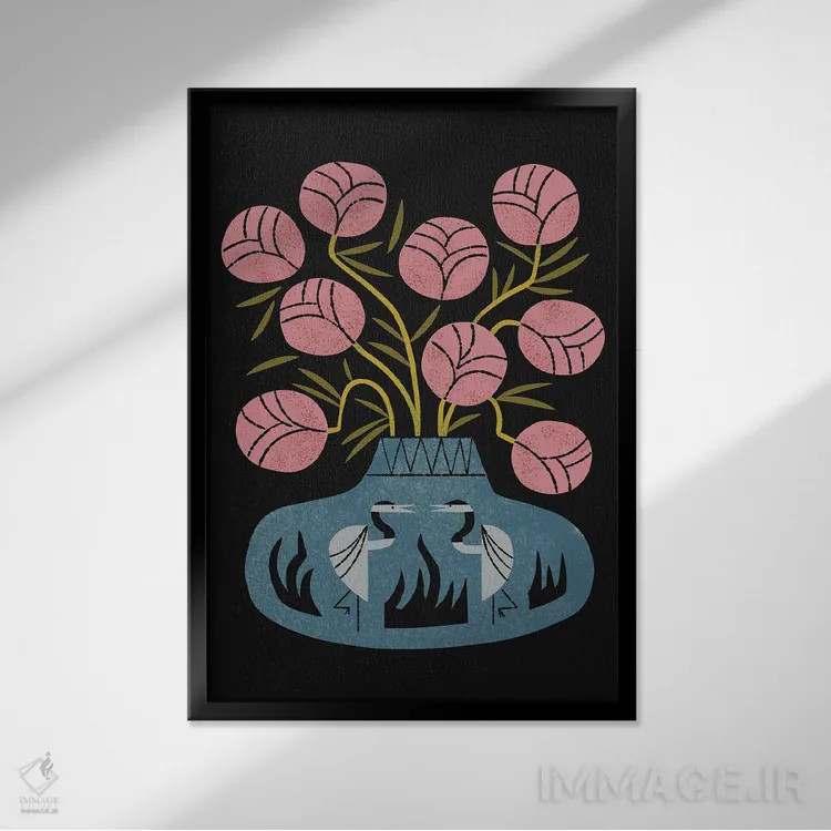 تابلو مدرن دسته گل صورتی و گلدان درنا اثر رنیا ال. تول - نمای قابدار مشکی