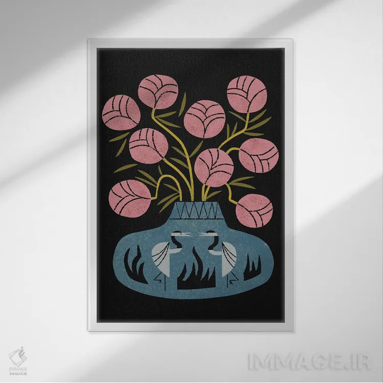 تابلو مدرن دسته گل صورتی و گلدان درنا اثر رنیا ال. تول - نمای قابدار سفید