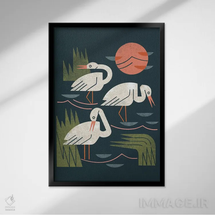 تابلو مدرن سه تایی درنا اثر رنیا ال. تول - نمای قابدار مشکی