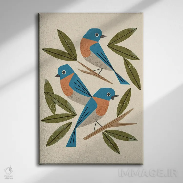 تابلو مدرن پرندگان آبی اثر رنیا ال. تول - نمای روبهرو روی دیوار