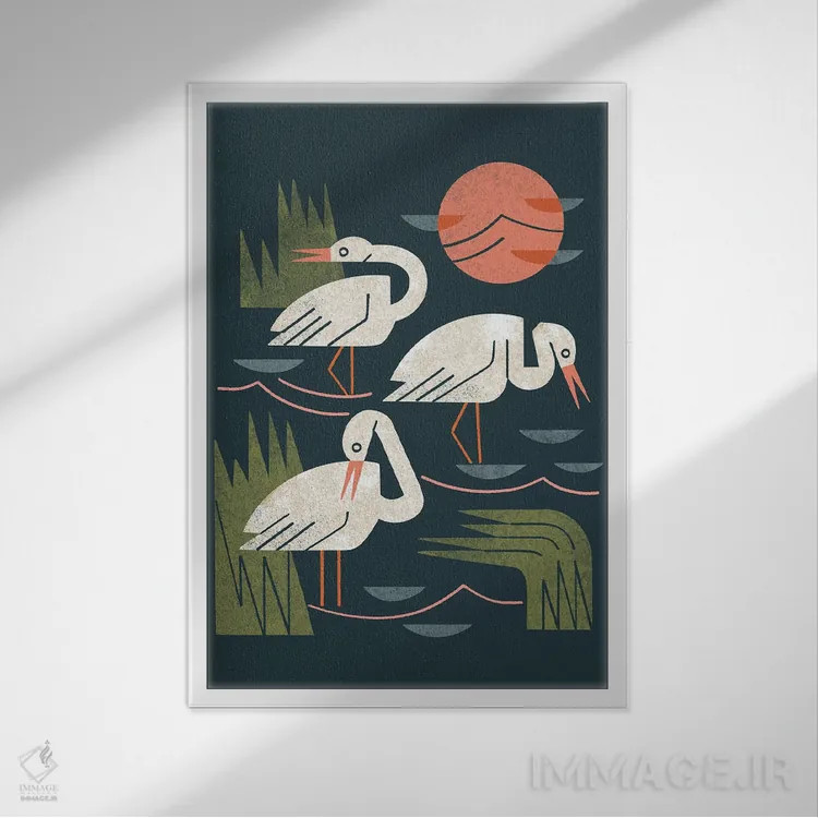 تابلو مدرن سه تایی درنا اثر رنیا ال. تول - نمای قابدار سفید