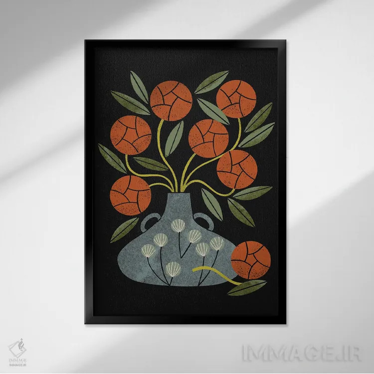 تابلو مدرن رزها و گلدان آبی اثر رنیا ال. تول - نمای قابدار مشکی