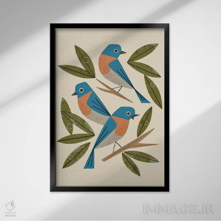 تابلو مدرن پرندگان آبی اثر رنیا ال. تول - نمای قابدار مشکی