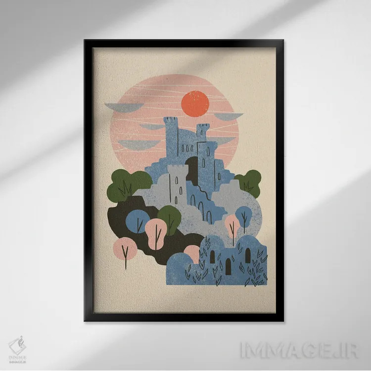 تابلو انتزاعی قلعه آبی اثر رنیا ال. تول - نمای قابدار مشکی