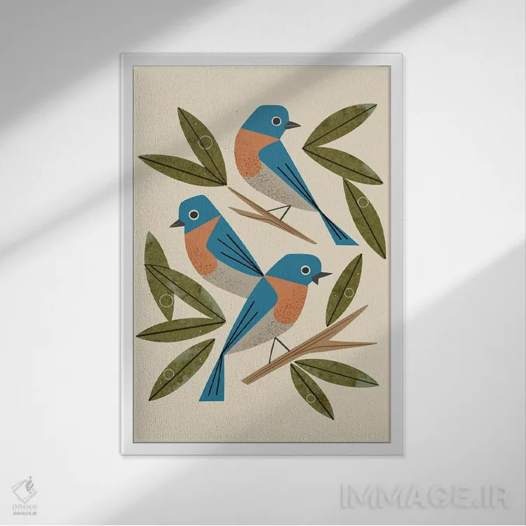 تابلو مدرن پرندگان آبی اثر رنیا ال. تول - نمای قابدار سفید