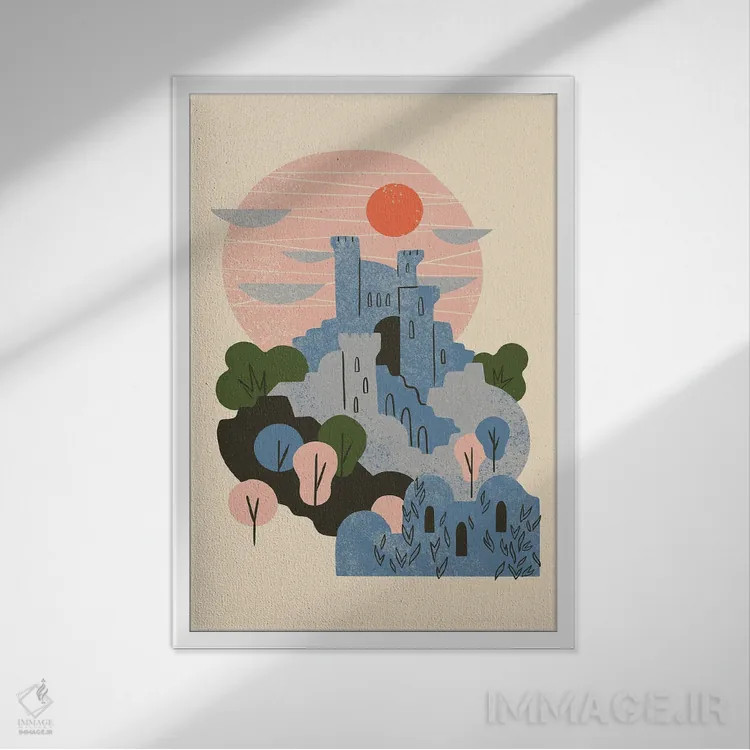 تابلو انتزاعی قلعه آبی اثر رنیا ال. تول - نمای قابدار سفید