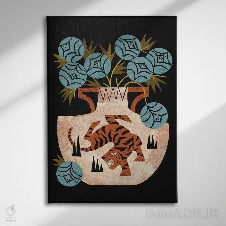 تابلو مدرن دسته گل گلدان ببر اثر رنیا ال. تول - نمای روبهرو روی دیوار