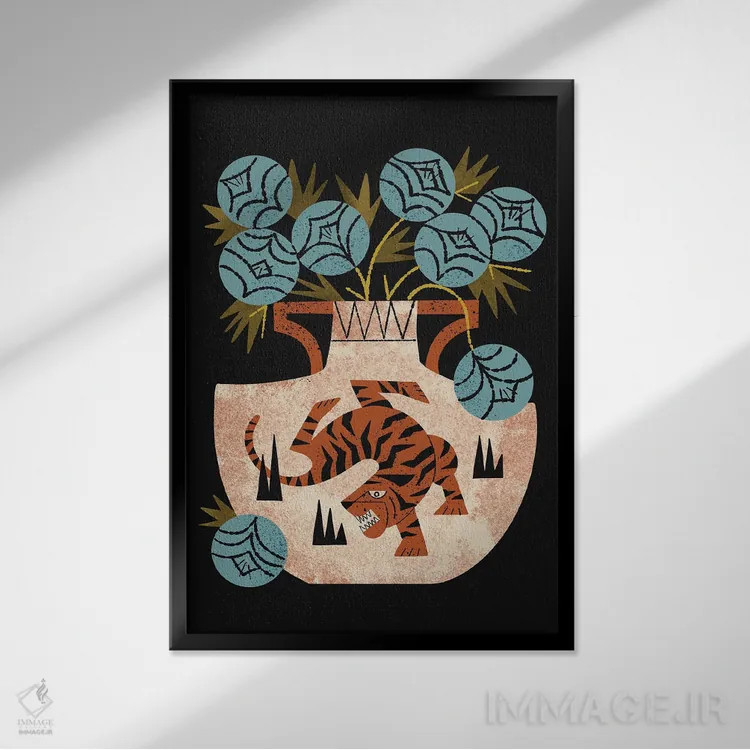 تابلو مدرن دسته گل گلدان ببر اثر رنیا ال. تول - نمای قابدار مشکی