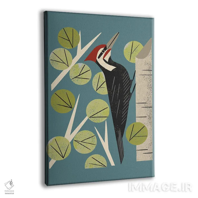 تابلو مدرن دارکوب میان درختان صنوبر اثر رنیا ال. تول - نمای پرسپکتیو محصول