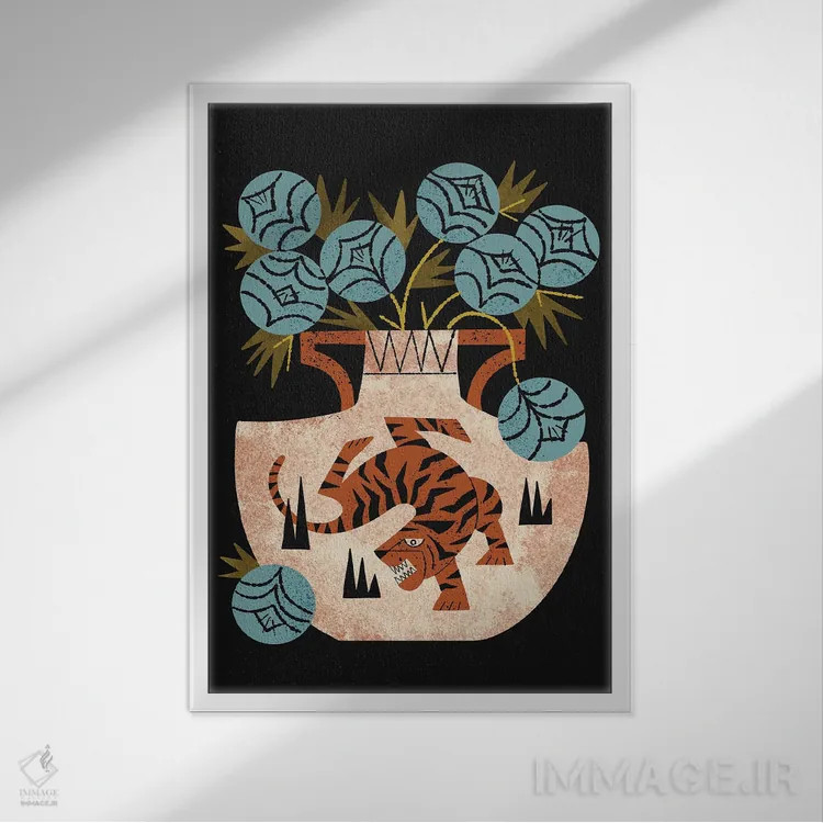 تابلو مدرن دسته گل گلدان ببر اثر رنیا ال. تول - نمای قابدار سفید