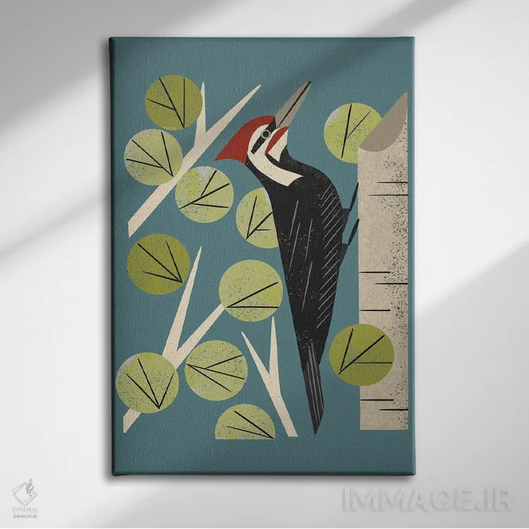 تابلو مدرن دارکوب میان درختان صنوبر اثر رنیا ال. تول - نمای روبهرو روی دیوار