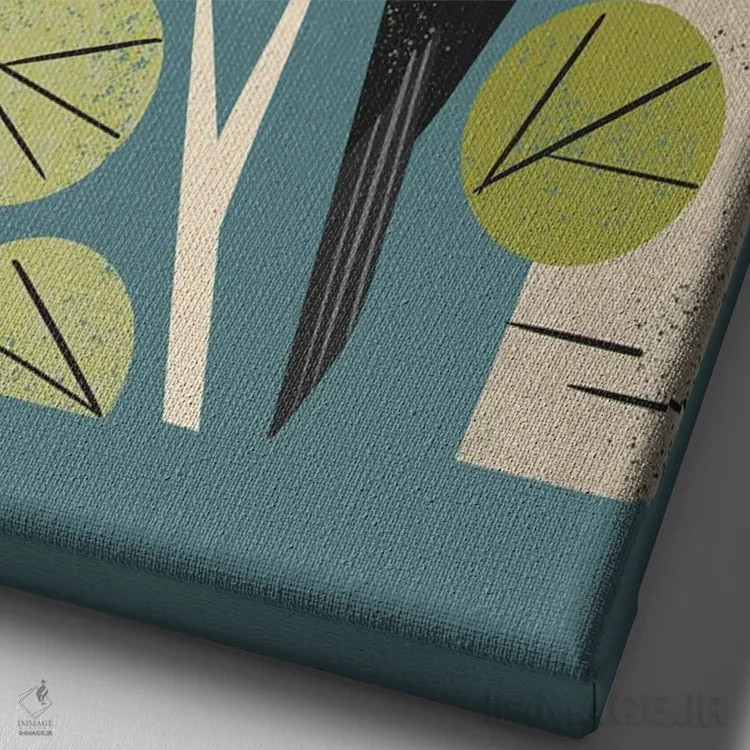 تابلو مدرن دارکوب میان درختان صنوبر اثر رنیا ال. تول - نمای نزدیک بافت بوم