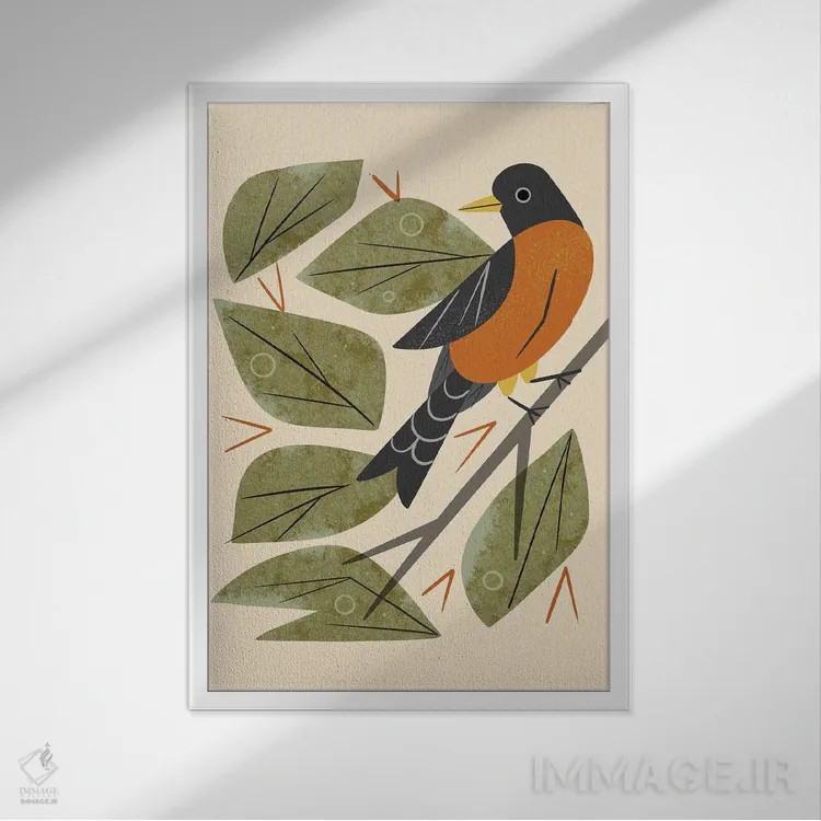 تابلو مدرن سینه سرخ نشسته اثر رنیا ال. تول - نمای قابدار سفید