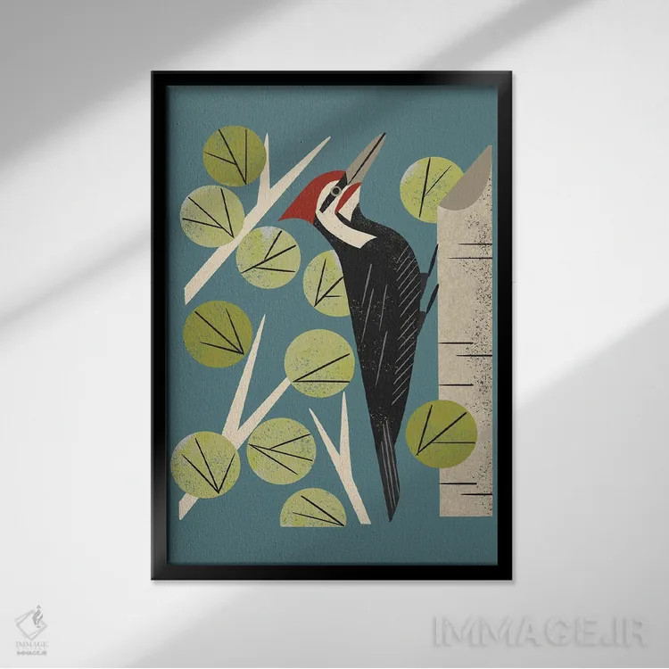 تابلو مدرن دارکوب میان درختان صنوبر اثر رنیا ال. تول - نمای قابدار مشکی