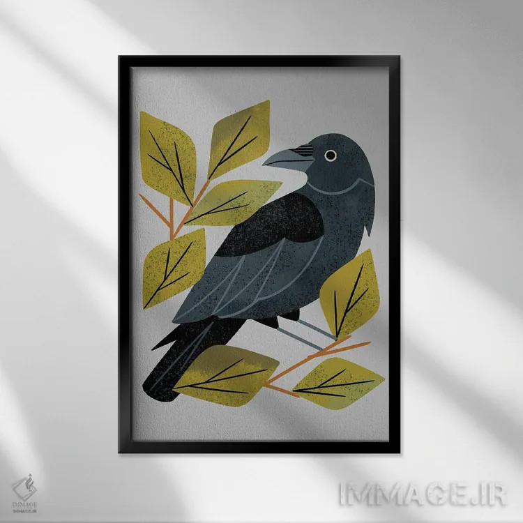 تابلو مدرن کلاغ سیاه نشسته اثر رنیا ال. تول - نمای قابدار مشکی