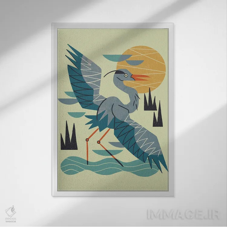 تابلو مدرن حواصیل در حال کشش اثر رنیا ال. تول - نمای قابدار سفید