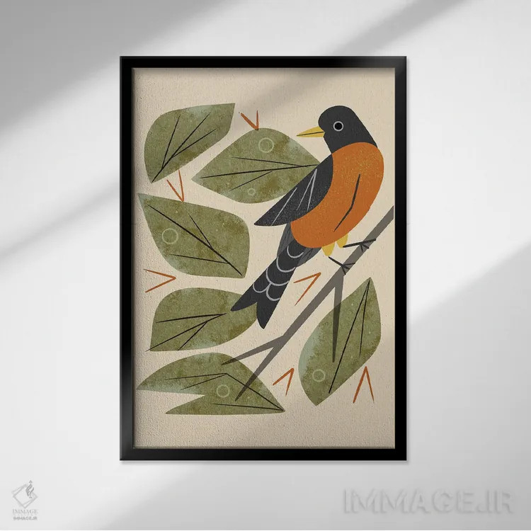 تابلو مدرن سینه سرخ نشسته اثر رنیا ال. تول - نمای قابدار مشکی