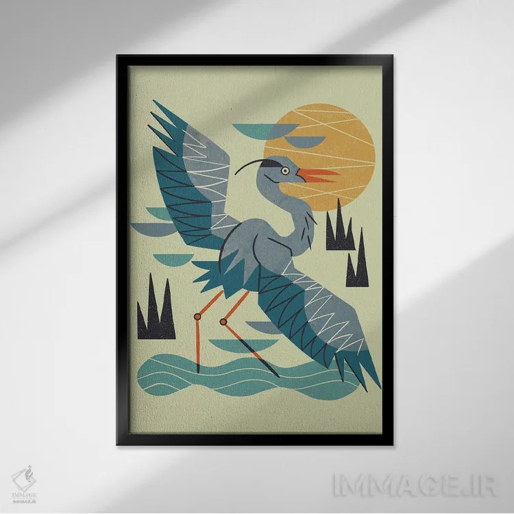 تابلو مدرن حواصیل در حال کشش اثر رنیا ال. تول - نمای قابدار مشکی