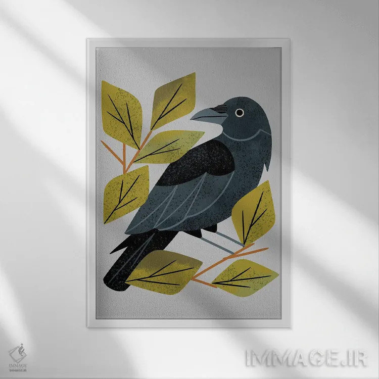 تابلو مدرن کلاغ سیاه نشسته اثر رنیا ال. تول - نمای قابدار سفید