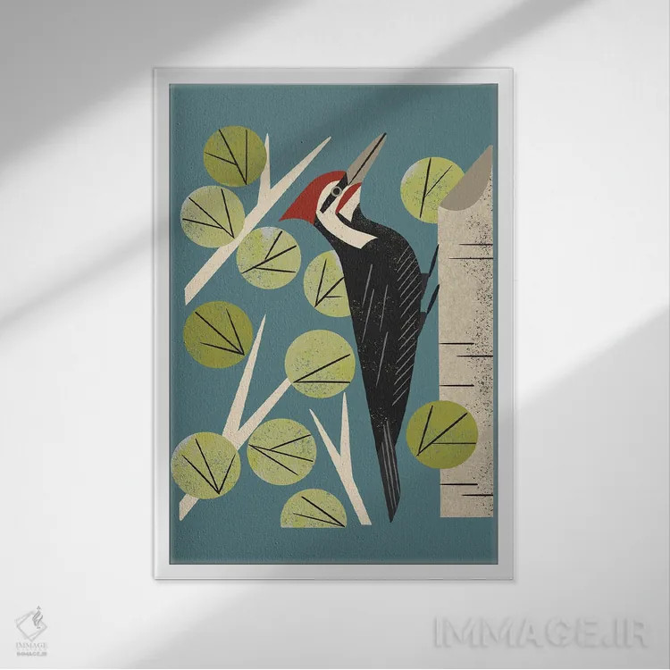 تابلو مدرن دارکوب میان درختان صنوبر اثر رنیا ال. تول - نمای قابدار سفید