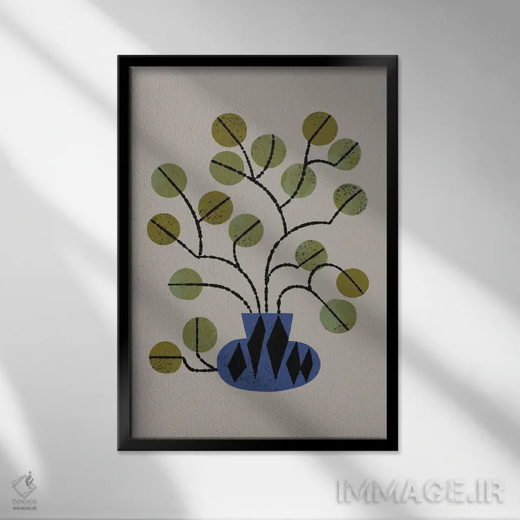 تابلو مدرن گلدان اکالیپتوس اثر رنیا ال. تول - نمای قابدار مشکی