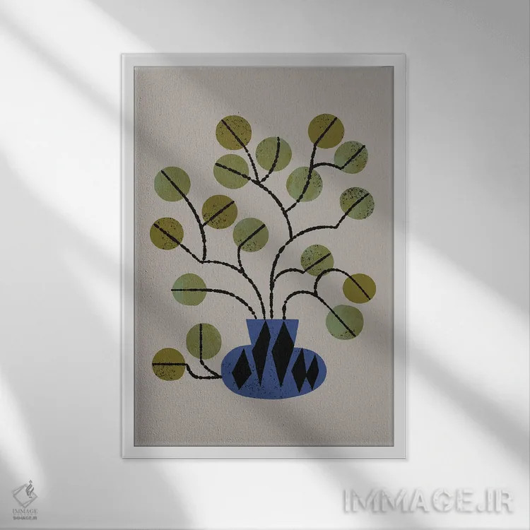 تابلو مدرن گلدان اکالیپتوس اثر رنیا ال. تول - نمای قابدار سفید