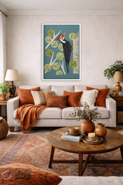 تابلو مدرن دارکوب میان درختان صنوبر اثر رنیا ال. تول - D1W