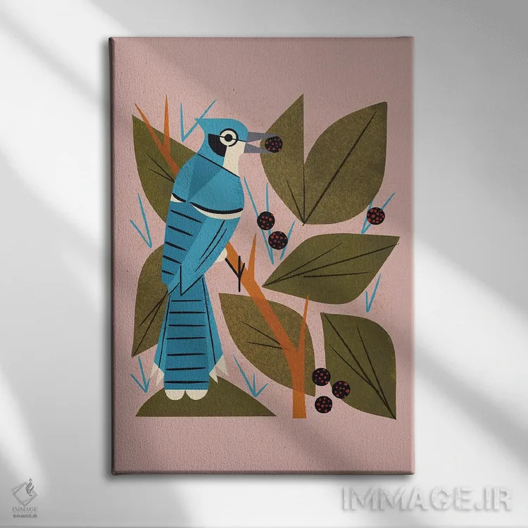 تابلو مدرن زاغ کبود با توت ها اثر رنیا ال. تول - نمای روبهرو روی دیوار