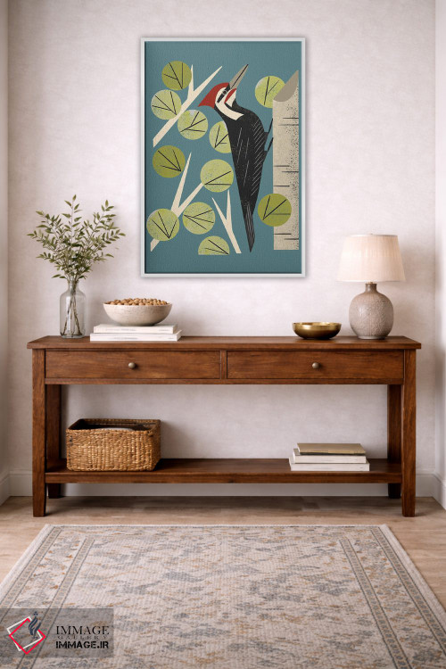 تابلو مدرن دارکوب میان درختان صنوبر اثر رنیا ال. تول - D2W