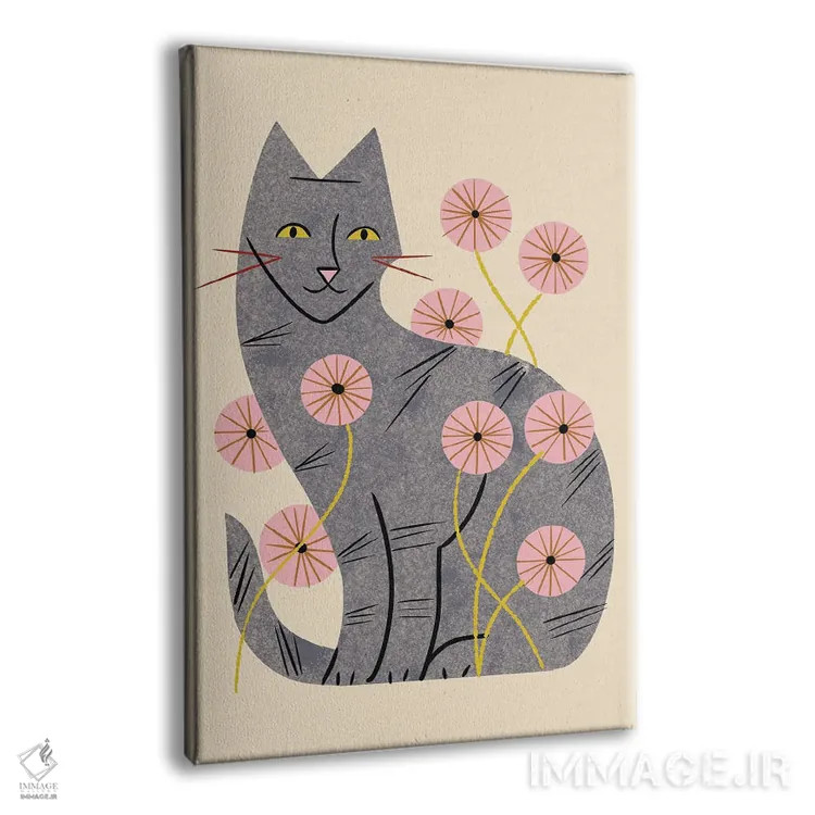 تابلو مدرن گربه راه راه و گل های وحشی اثر رنیا ال. تول - نمای پرسپکتیو محصول