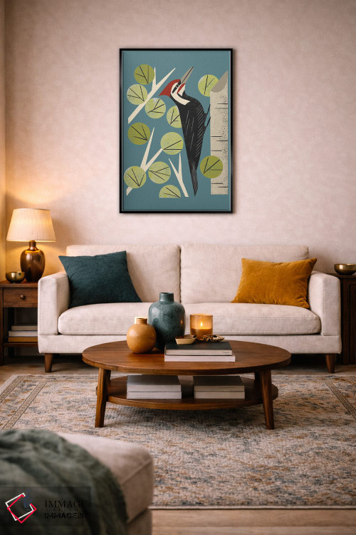 تابلو مدرن دارکوب میان درختان صنوبر اثر رنیا ال. تول - D3B