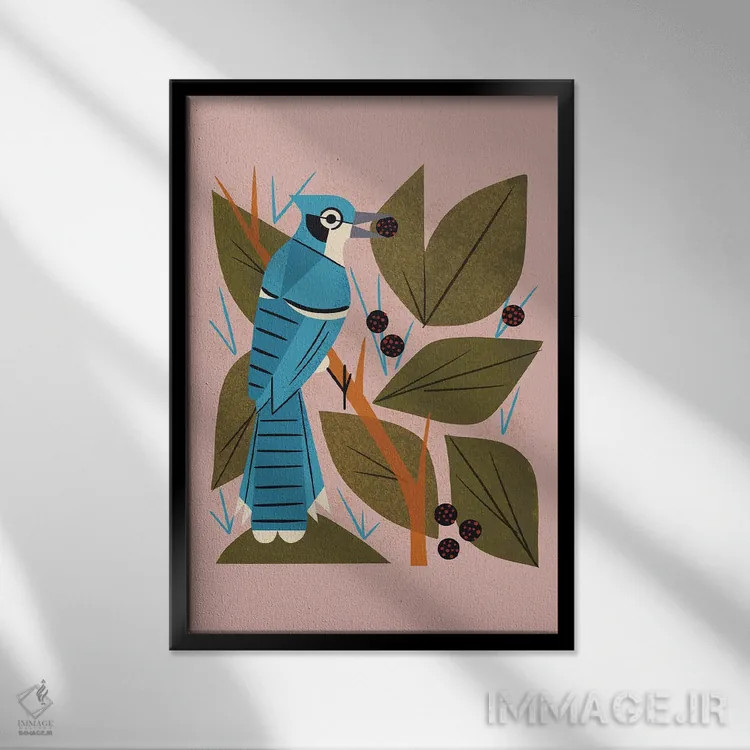 تابلو مدرن زاغ کبود با توت ها اثر رنیا ال. تول - نمای قابدار مشکی