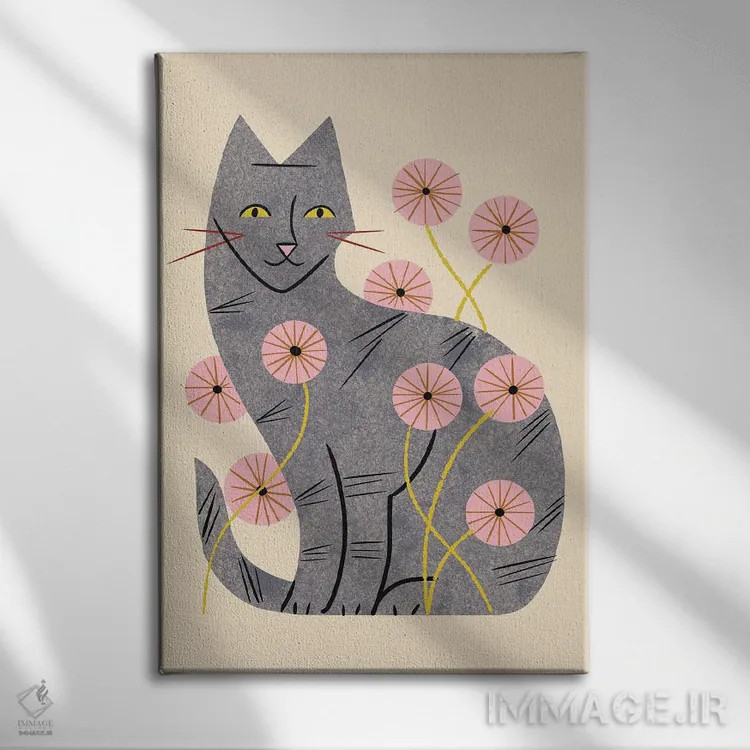 تابلو مدرن گربه راه راه و گل های وحشی اثر رنیا ال. تول - نمای روبهرو روی دیوار