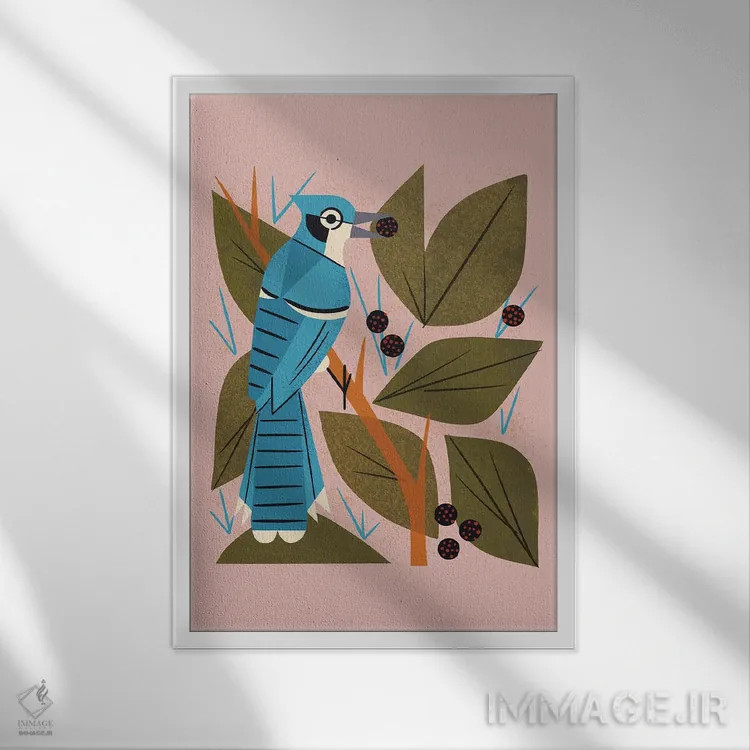 تابلو مدرن زاغ کبود با توت ها اثر رنیا ال. تول - نمای قابدار سفید