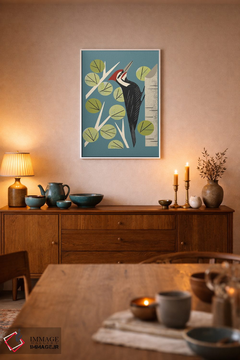 تابلو مدرن دارکوب میان درختان صنوبر اثر رنیا ال. تول - D5W