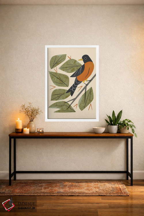 تابلو مدرن سینه سرخ نشسته اثر رنیا ال. تول - D3W