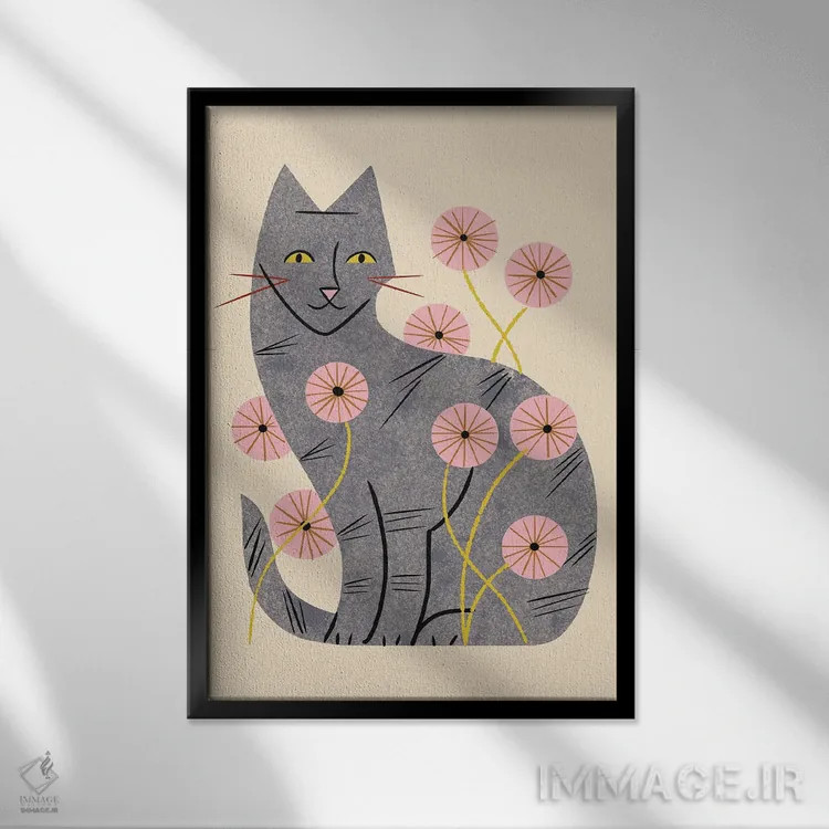 تابلو مدرن گربه راه راه و گل های وحشی اثر رنیا ال. تول - نمای قابدار مشکی