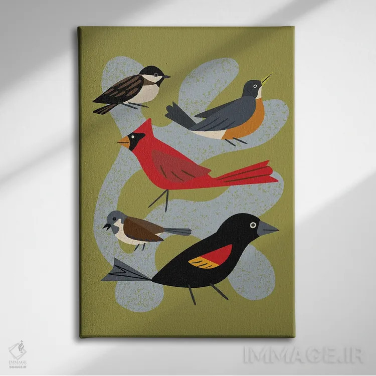 تابلو مینیمال پنج پرنده اثر رنیا ال. تول - نمای روبهرو روی دیوار